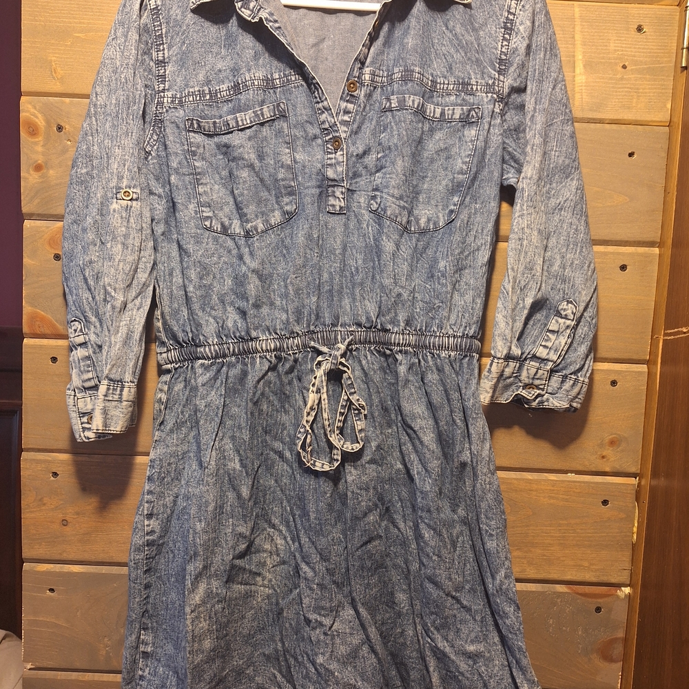 Denim Long Sleeve Dress with Drawstring Waist
